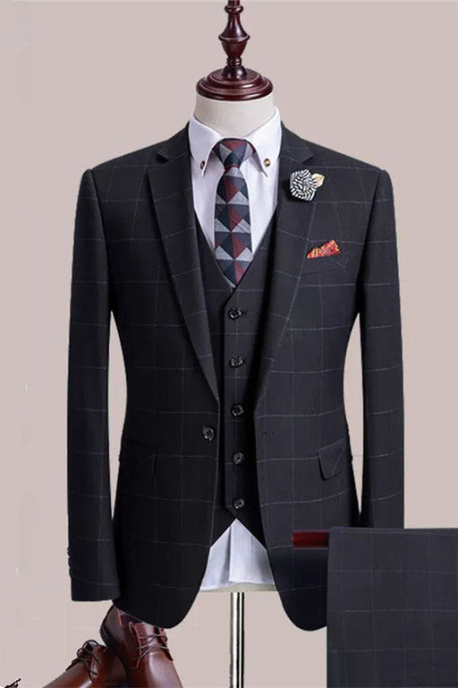 Drew Formal Black Three Pieces Notched Lapel Plaid Business Suits