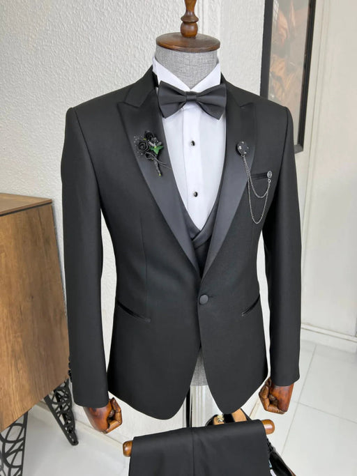 Rock Formal Black Peaked Lapel Three Pieces Business Suits For Men