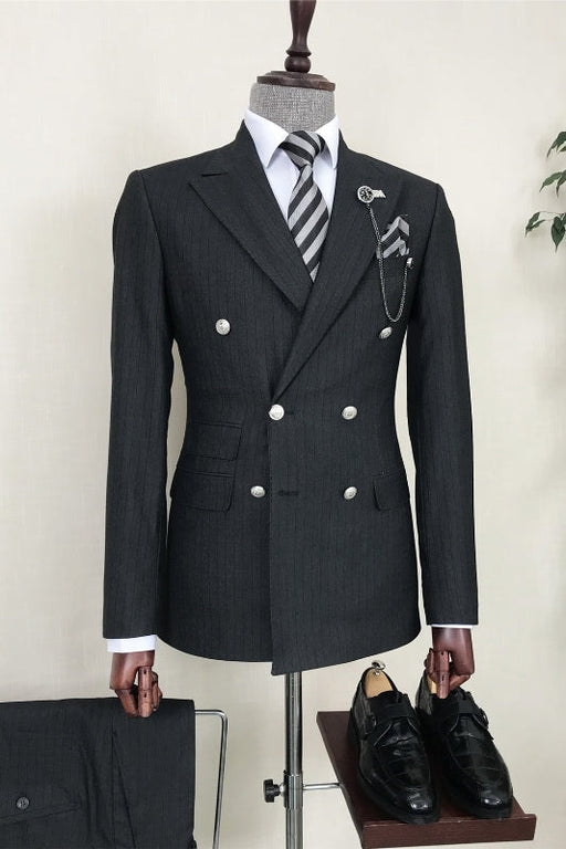 Ansel Formal Black Striped Peaked Lapel Double Breasted Business Suits