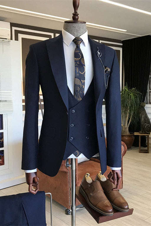 Bertram Formal Navy Blue Peaked Lapel Three Pieces Business Suits