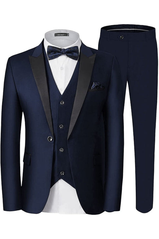 Brady Formal Navy Blue Three Pieces Peaked Laple Business Suits For Men