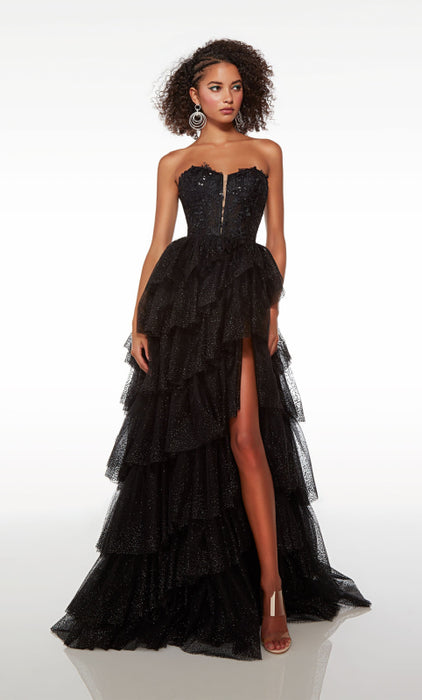 Formal Prom Dress Long Sleeveless V Neck Tulle Gown with Slit Gloves