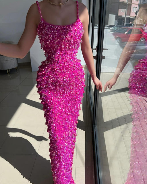 Fuchsia Acrylic Spaghetti-Straps Mermaid Prom Dress with Pearls Sequins