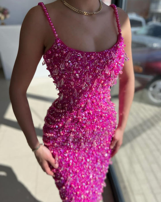 Fuchsia Acrylic Spaghetti-Straps Mermaid Prom Dress with Pearls Sequins