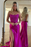 Fuchsia Bateau Sleeveless Prom Dress with Appliques and Slit