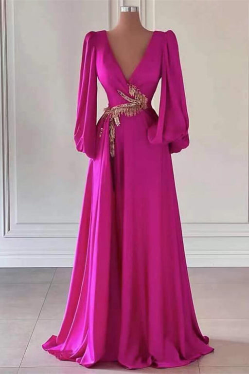 Fuchsia Long Sleeves A-Line Dark V-Neck Prom Dress with Embellishment