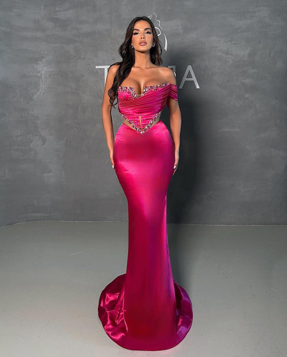 Fuchsia Sexy Mermaid Prom Dress V-Neck with Beads Sequins