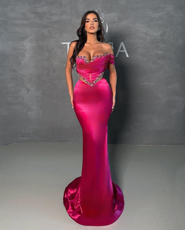 Fuchsia Sexy Mermaid Prom Dress V-Neck with Beads Sequins