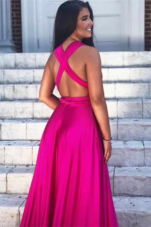 Fuchsia Sleeveless V-Neck A-Line Prom Dress with Split