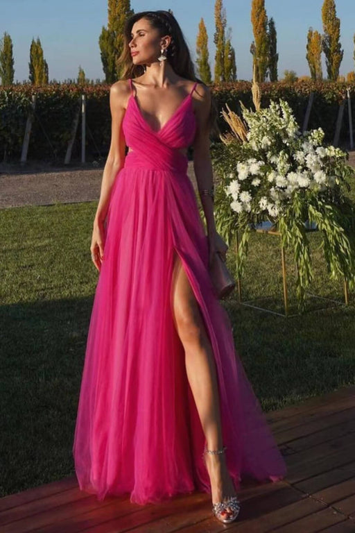 Fuchsia Spaghetti-Straps Tulle A-Line Prom Dress with Split