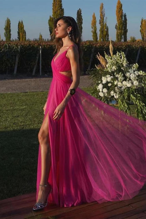 Fuchsia Spaghetti-Straps Tulle A-Line Prom Dress with Split