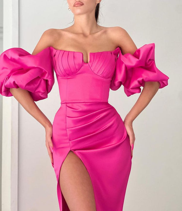 Fuchsia Strapless Off-the-Shoulder Puff Sleeve Mermaid Evening Dress with Split