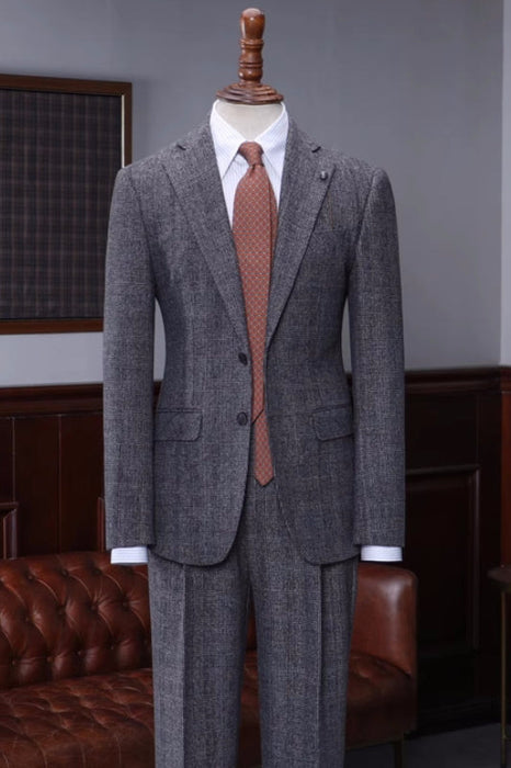 Carroll Generous Dark Gray Notched Lapel Plaid Business Suits