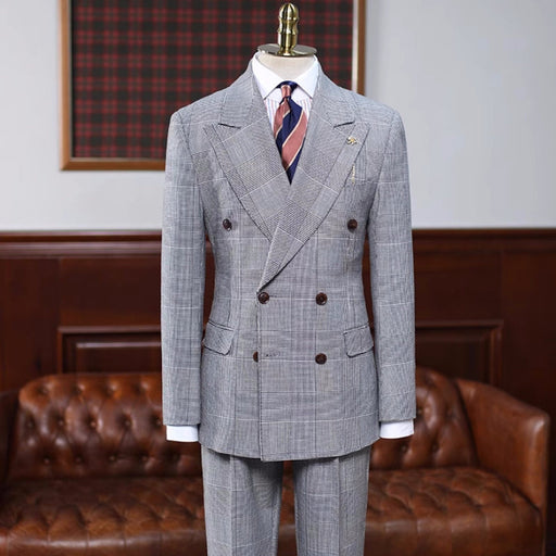 Christopher Gentle Gray Plaid Peaked Lapel Double Breasted Business Suits