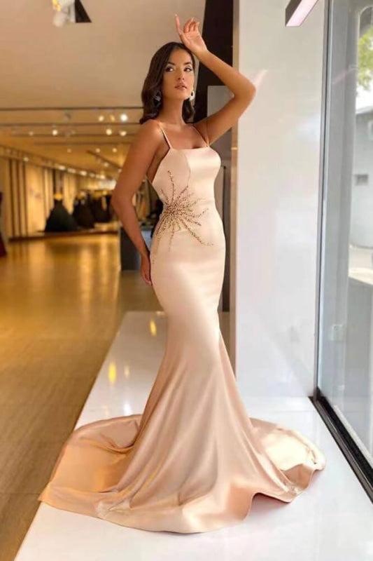 Glamorous Beaded Mermaid Prom Gown with Delicate Spaghetti Straps