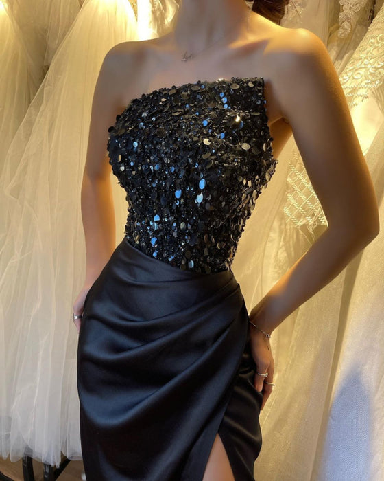 Glamorous Black Prom Dress with Sequins, Sleeveless, Strapless, and High Slit