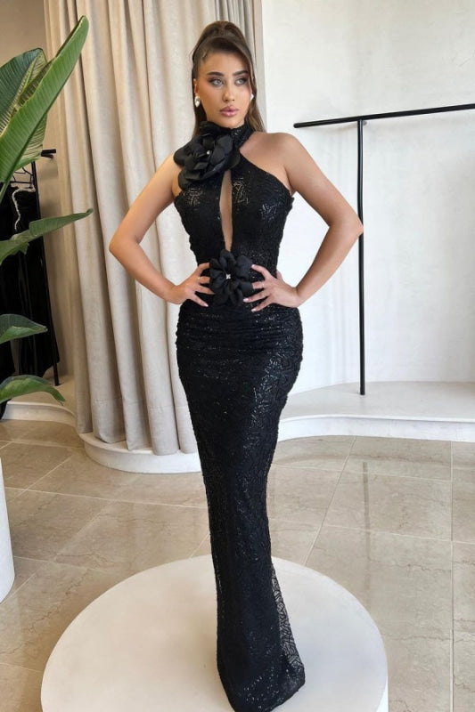 Glamorous Black Slimming Prom Dress Halter Mermaid Dress with Flower