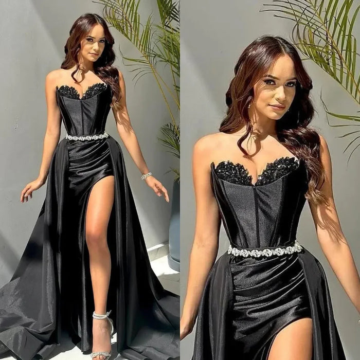 Glamorous Black Strapless Prom Dress with Belt Split Design