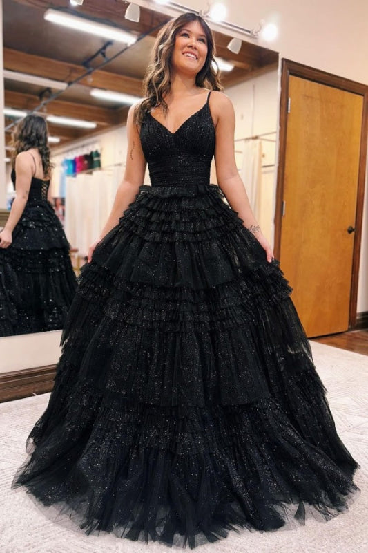 Glamorous Black Tulle Prom Dress with V Neck and Sleeveless Design