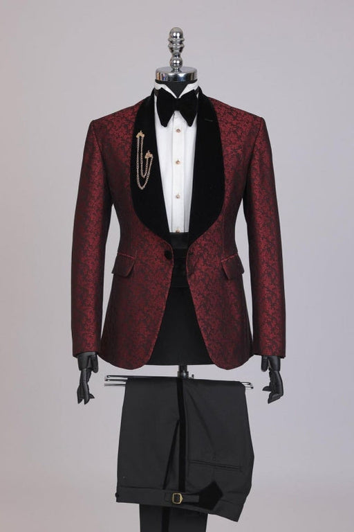 Byron Glamorous Dark Red Jacquard Wedding Suits With Black Shawl Lapel