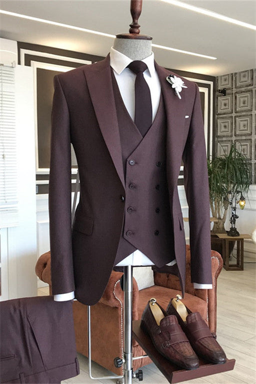 Elroy Glamorous Burgundy Peaked Lapel Three Pieces Men Suits For Prom