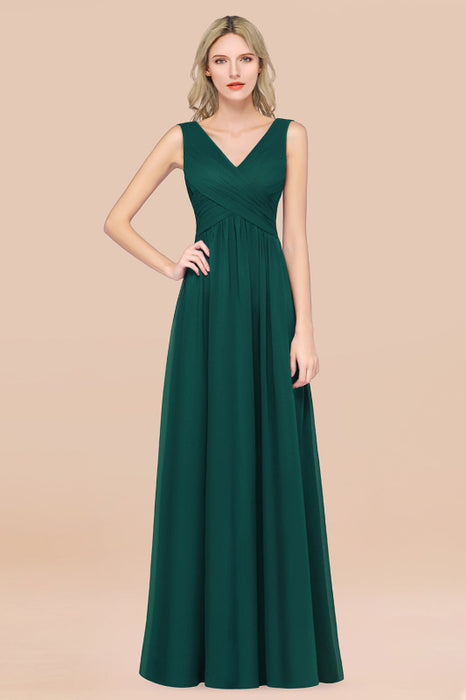 Bridelily Glamorous Chiffon V-Neck Sleeveless Burgundy Bridesmaid Dress with Draped Back