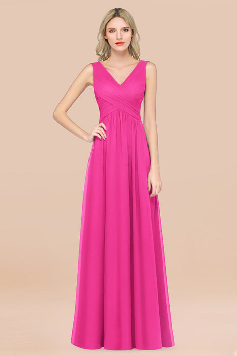 Bridelily Glamorous Chiffon V-Neck Sleeveless Burgundy Bridesmaid Dress with Draped Back