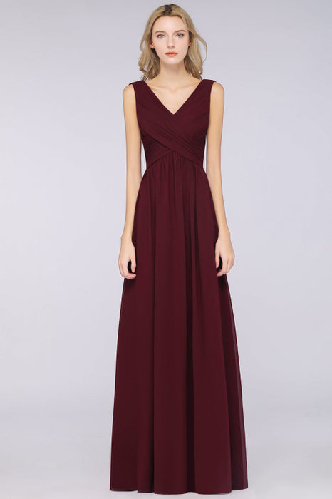 Bridelily Glamorous Chiffon V-Neck Sleeveless Burgundy Bridesmaid Dress with Draped Back