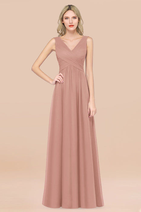 Bridelily Glamorous Chiffon V-Neck Sleeveless Burgundy Bridesmaid Dress with Draped Back