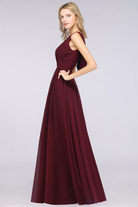 Bridelily Glamorous Chiffon V-Neck Sleeveless Burgundy Bridesmaid Dress with Draped Back