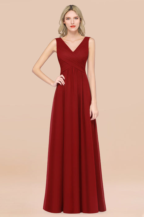 Bridelily Glamorous Chiffon V-Neck Sleeveless Burgundy Bridesmaid Dress with Draped Back