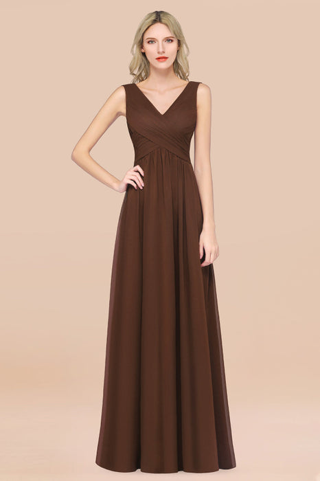 Bridelily Glamorous Chiffon V-Neck Sleeveless Burgundy Bridesmaid Dress with Draped Back