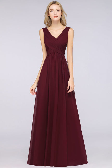 Bridelily Glamorous Chiffon V-Neck Sleeveless Burgundy Bridesmaid Dress with Draped Back