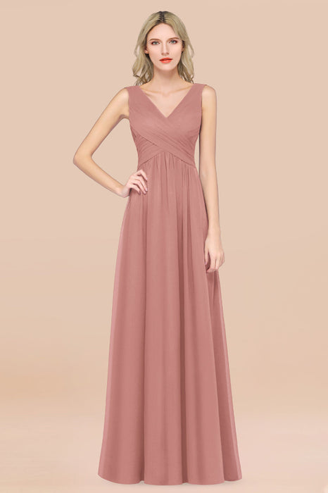 Bridelily Glamorous Chiffon V-Neck Sleeveless Burgundy Bridesmaid Dress with Draped Back