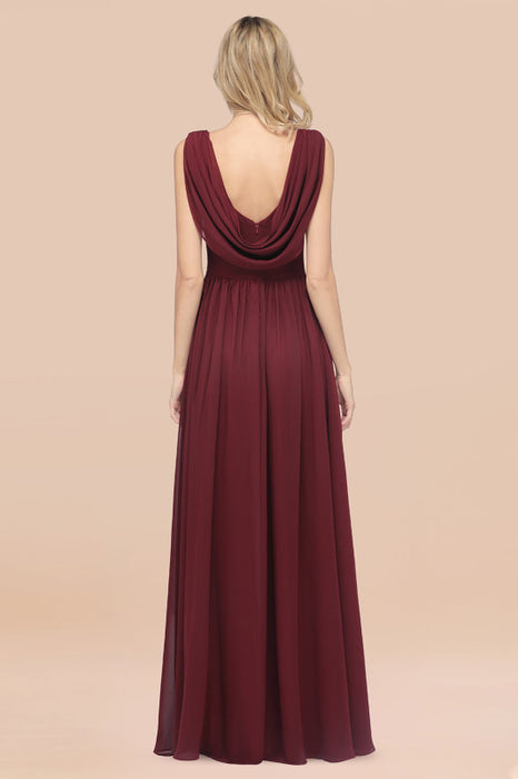 Bridelily Glamorous Chiffon V-Neck Sleeveless Burgundy Bridesmaid Dress with Draped Back