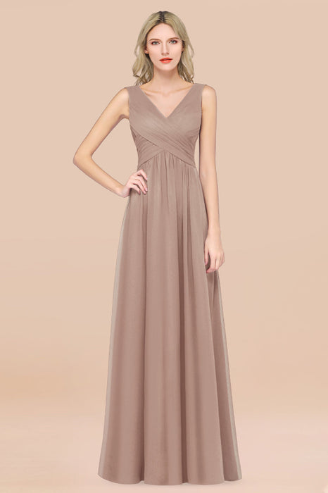 Bridelily Glamorous Chiffon V-Neck Sleeveless Burgundy Bridesmaid Dress with Draped Back