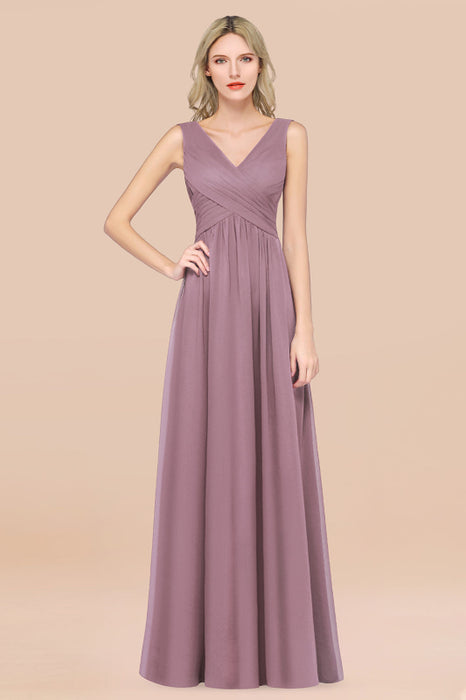 Bridelily Glamorous Chiffon V-Neck Sleeveless Burgundy Bridesmaid Dress with Draped Back