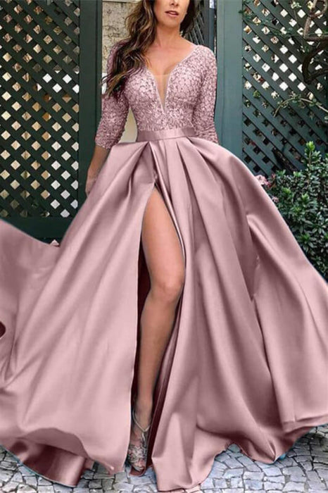 Glamorous Deep V-Neck Satin Long Prom Dress with Split and Lace