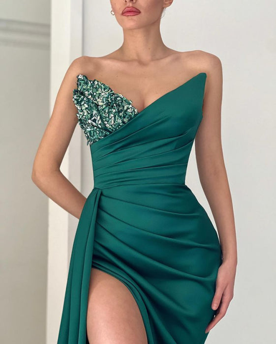 Glamorous Emerald V-Neck Mermaid Long Prom Dress with Slit