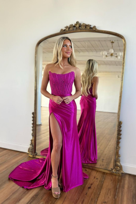 Glamorous Fuchsia Prom Gown with Stunning Appliques and Daring Slit