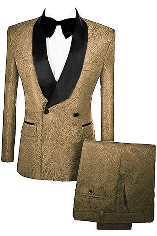 Mandel Deep Gold Double Breasted Jacquard Glamorous Wedding Suits With Velvet Lapel