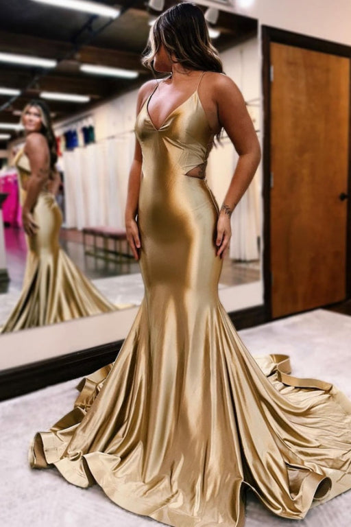 Glamorous Golden Sleeveless V-Neck Backless Mermaid Prom Dress