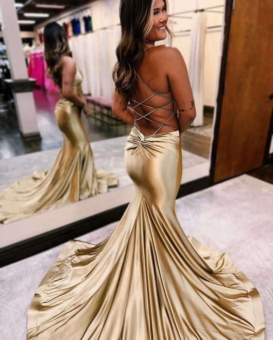 Glamorous Golden Sleeveless V-Neck Backless Mermaid Prom Dress