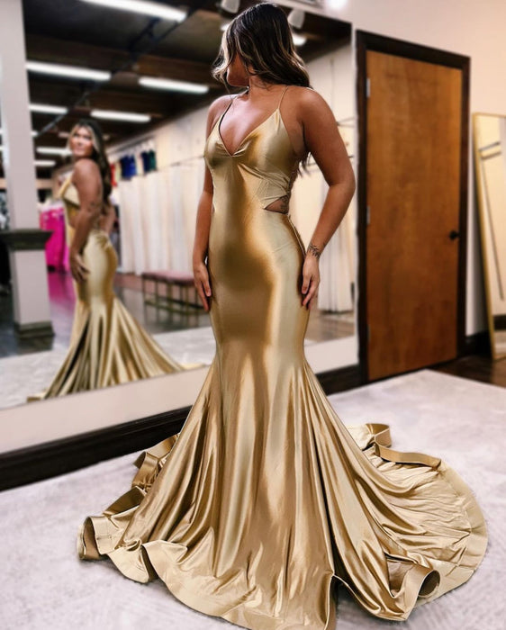 Glamorous Golden Sleeveless V-Neck Backless Mermaid Prom Dress