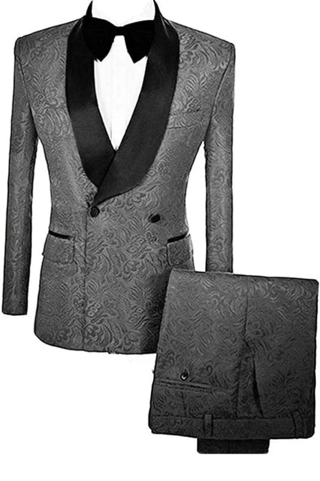 Marcus Simple Gray Double Breasted Jacquard Wedding Suits With Velvet Lapel