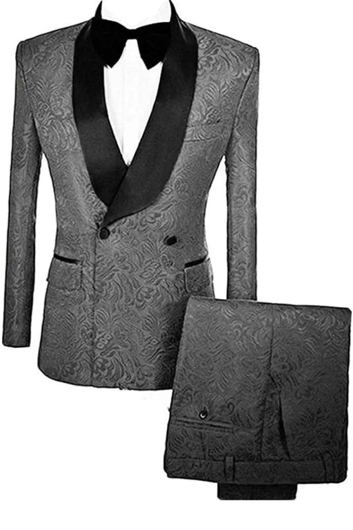 Marcus Simple Gray Double Breasted Jacquard Wedding Suits With Velvet Lapel