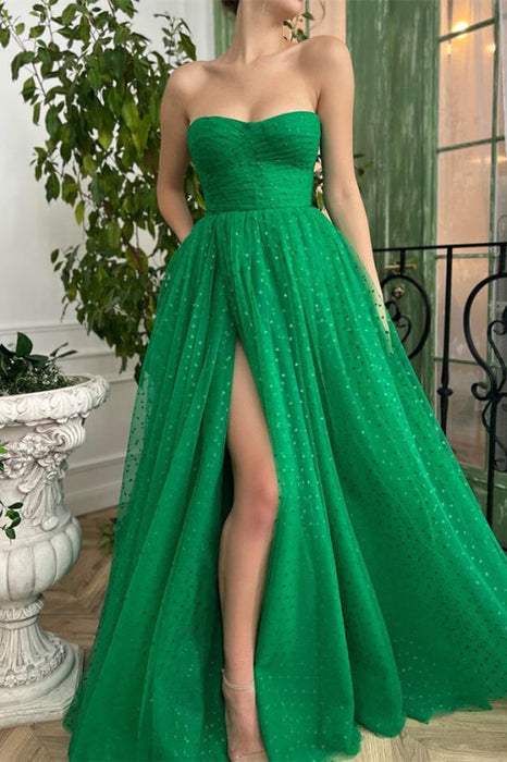 Glamorous Green Sleeveless Sweetheart Tulle Prom Dress with Split