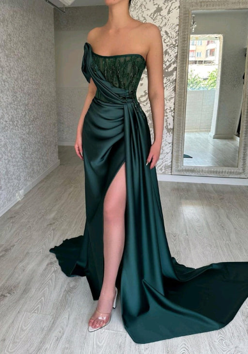 Glamorous Green Strapless Prom Dress Long Beading Mermaid Dress