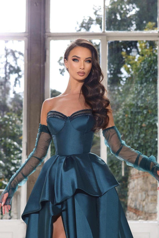 Glamorous Ink Blue Half Sleeves Prom Dress with Strapless High Slit Gown