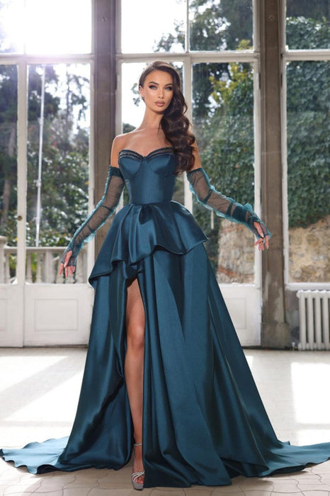 Glamorous Ink Blue Half Sleeves Prom Dress with Strapless High Slit Gown